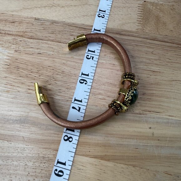 Laura Janelle Brown Leather Bracelet W/ Green Gemstone & Rhinestone Accents Gold - Picture 7 of 11